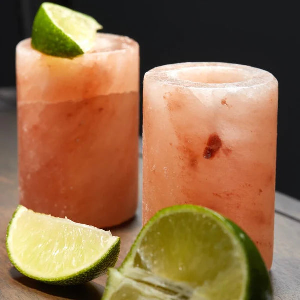Set of 2 Himalayan Salt Shot Glasses & Wood Serving Stand