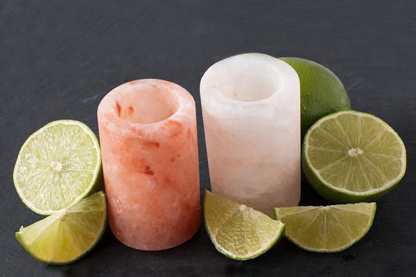 Set of 2 Himalayan Salt Shot Glasses & Wood Serving Stand