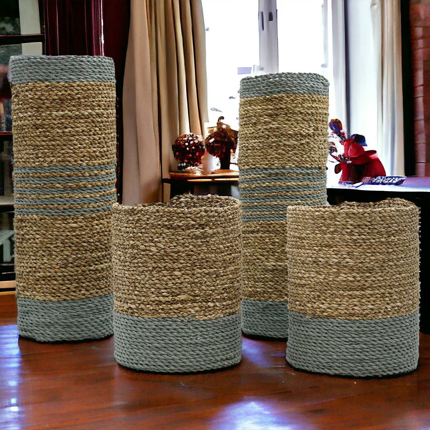 Seagrass & Abu-Abu Raffia Set - 2 Vase & 2 Bins