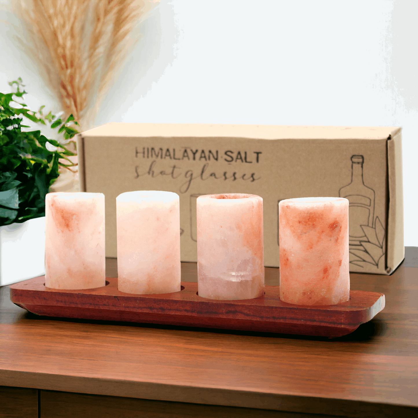 Set of 4 Himalayan Salt Shot Glasses & Wood Serving Stand