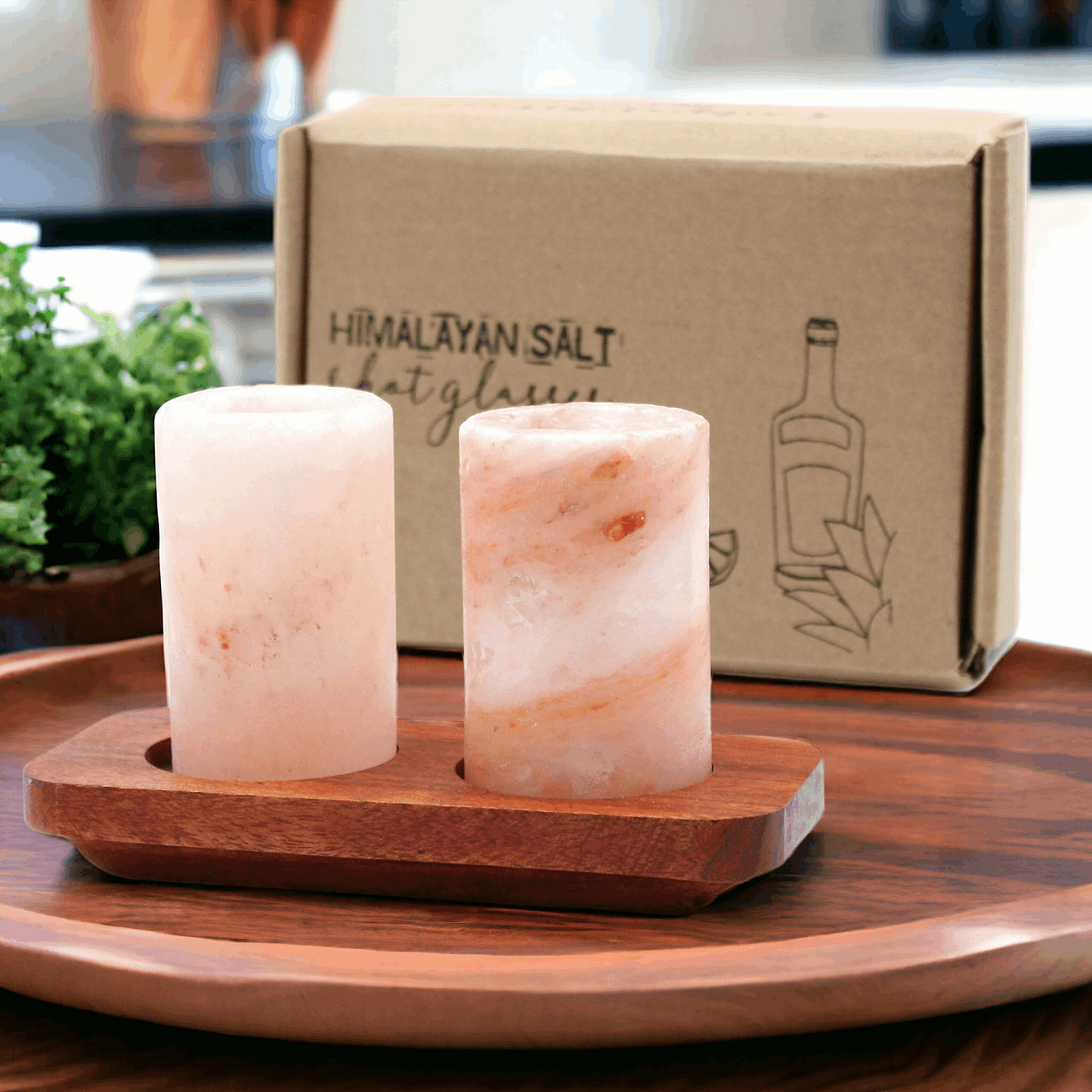 Set of 2 Himalayan Salt Shot Glasses & Wood Serving Stand